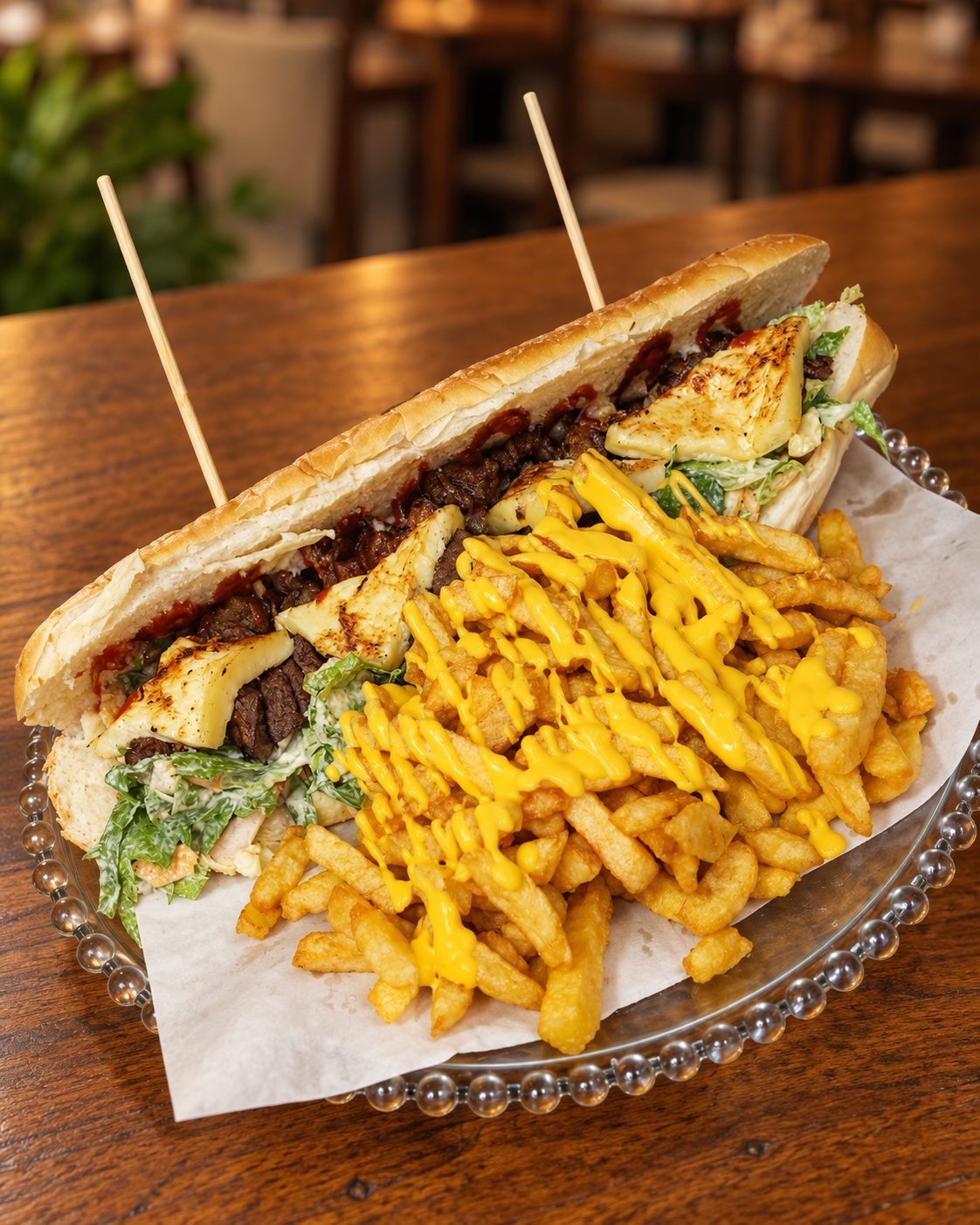 Sándwich de Urban Deli con papas y salsa cheddar